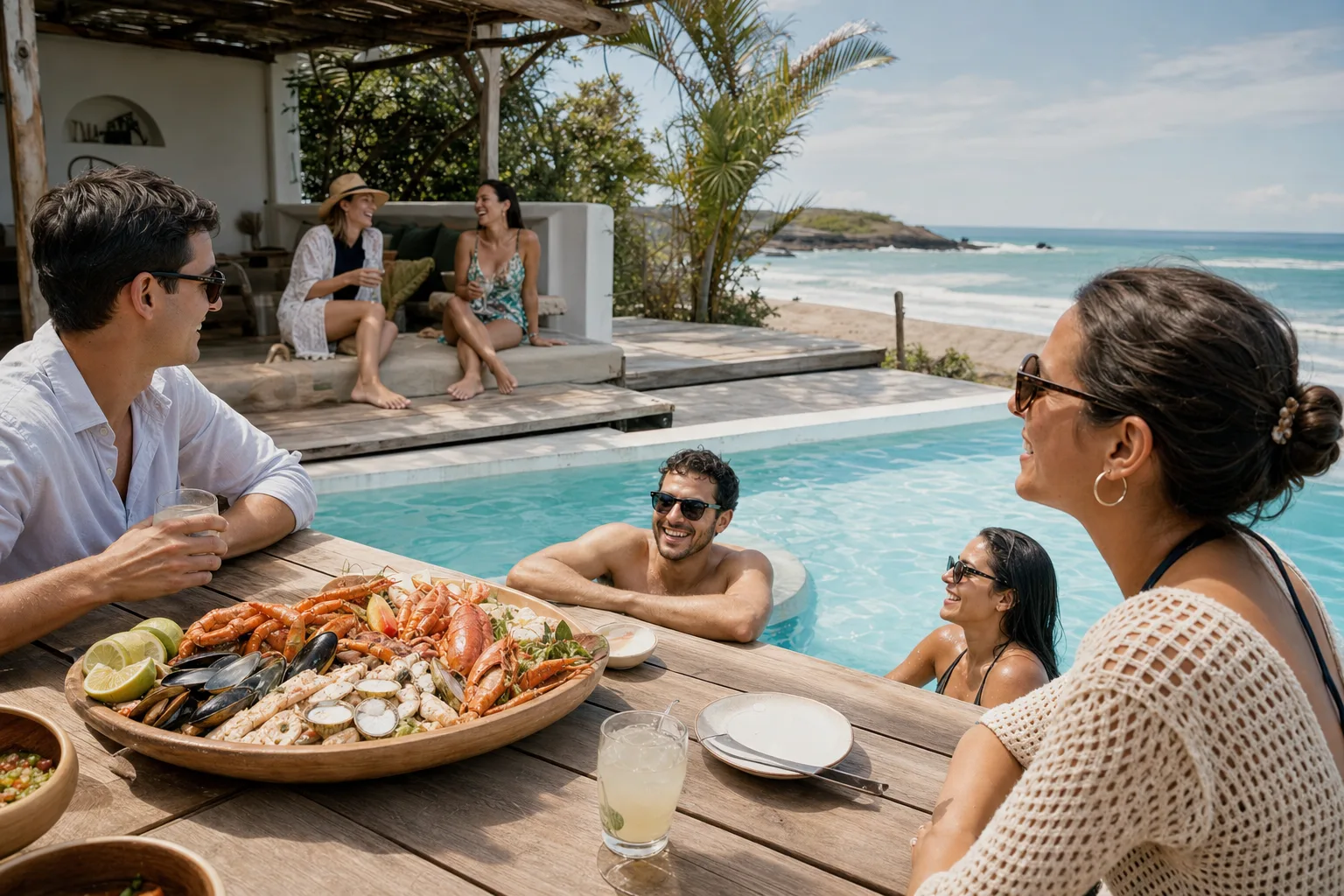 Grupo disfrutando piscina y terraza en una casa vacacional en la costa