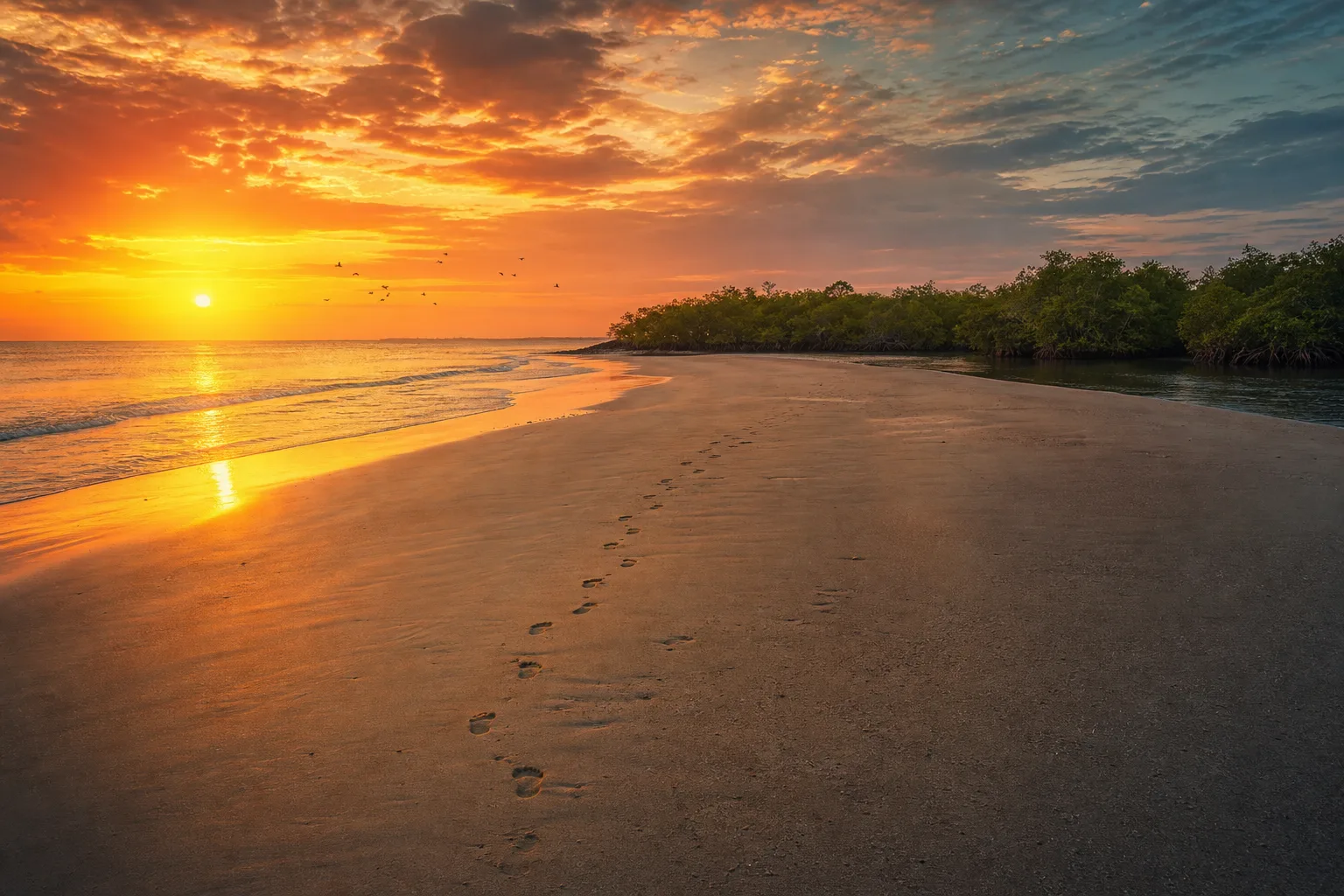 Playa amplia y paisaje costero con atardecer en Manabí