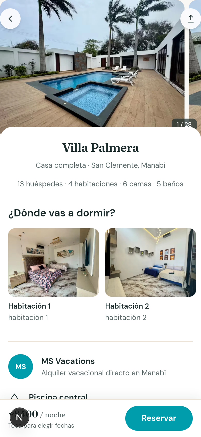 Ficha de propiedad en móvil: Villa Palmera con galería, detalles y botón Reservar