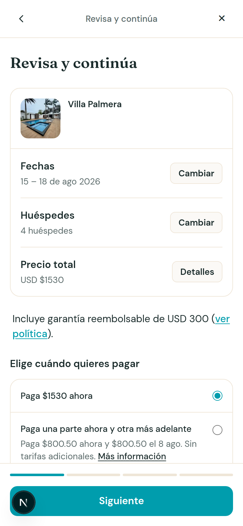 Asistente de reserva en móvil: revisión de fechas, huéspedes y método de pago