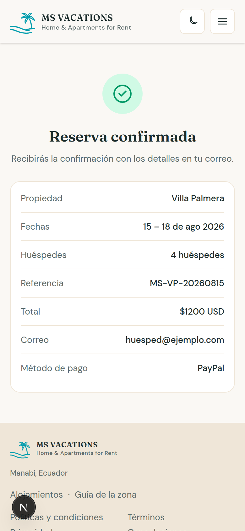 Pantalla de confirmación en móvil tras completar la reserva